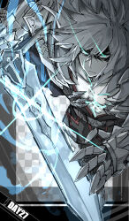 1boy armor aura balmung_(fate) checkered_background closed_mouth fate/apocrypha fate/grand_order fate_(series) gauntlets glaring glint glowing glowing_eyes glowing_scar green_eyes hair_between_eyes highres holding holding_sword holding_weapon kankan33333 long_hair male_focus pectoral_cleavage pectorals scar scar_on_chest shoulder_armor siegfried_(fate) solo sword weapon white_hair