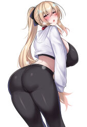 Rule 34 | 1girl, absurdres, ass, black sports bra, blonde hair, blush, breasts, collar, cropped jacket, from behind, highres, huge breasts, jacket, kubiwa (kutan), kutan, long hair, looking at viewer, open clothes, open jacket, original, pants, ponytail, red collar, red eyes, solo, sports bra, sportswear, white background, yoga pants