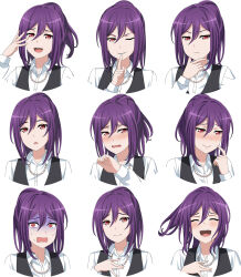1girl ^_^ bang_dream! bead_necklace beads black_vest blush closed_eyes closed_mouth collared_shirt commentary cropped_torso dress_shirt embarrassed english_commentary multiple_expressions finger_to_mouth floating_hair fries_vanquisher hair_between_eyes hand_on_own_chest hand_on_own_chin hand_up highres index_finger_raised jewelry long_hair long_hair_between_eyes looking_at_viewer multiple_views necklace nervous_sweating one_eye_closed open_mouth ponytail purple_hair red_eyes seta_kaoru shirt shushing simple_background smile sweat teeth upper_body upper_teeth_only vest white_background white_shirt