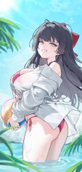1girl absurdres ass bare_shoulders bikini black_hair blue_eyes bow braid breasts from_side grin hair_bow hair_ornament heart heart_hair_ornament highres large_breasts long_hair long_sleeves looking_at_viewer off_shoulder red_bikini sangobob see-through_clothes see-through_shirt shirayuki_hina shirt side-tie_bikini_bottom skindentation smile solo standing stellive string_bikini swimsuit thighs virtual_youtuber wading water wet white_shirt