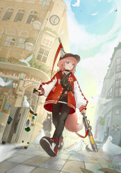 1girl 2others absurdres animal animal_ears arknights bird black_choker black_footwear black_hat black_pants blue_eyes braid building chinese_commentary choker city commentary cross day dove earrings ears_through_headwear from_below full_body greek_cross hat highres holding jacket jewelry long_sleeves looking_to_the_side mamayu medium_hair multiple_others official_alternate_costume outdoors pants peaked_cap pink_hair plant puffy_long_sleeves puffy_sleeves red_jacket road rolling_suitcase shoe_soles shoes side_braid single_braid solo_focus standing street suitcase sussurro_(arknights) sussurro_(travel_freely)_(arknights) walking white_bird wind