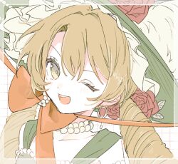 1girl ;d bare_shoulders blonde_hair border bow chin_strap dress drill_hair ebi0_r flat_color flower green_dress green_eyes green_hat grid_background hat hat_feather hat_flower jewelry long_hair low_twintails necklace one_eye_closed open_mouth orange_bow pearl_necklace portrait red_flower reverse:1999 sleeveless sleeveless_dress smile solo sotheby twin_drills twintails white_border