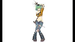 1girl absurdres belt blue_pants breasts brown_shoes cleavage crop_top denim earrings green_hair highres hikage_(senran_kagura) holding holding_knife jeans jewelry knife large_breasts navel non-web_source official_art orange_shirt pants pillarboxed senran_kagura senran_kagura_burst shirt shoes short_hair slit_pupils solo tattoo tongue tongue_out torn_clothes torn_jeans torn_pants unzipped weapon white_background yaegashi_nan yellow_eyes