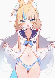 1girl absurdres ahoge animal_ear_fluff animal_ears bikini blonde_hair blue_eyes blue_hair blue_sailor_collar blush cat_ears clothes_lift commentary cowboy_shot dress dress_lift fang fins fish_girl fish_tail gluteal_fold hair_ornament heart highleg highleg_bikini highres indie_virtual_youtuber lifting_own_clothes long_hair looking_at_viewer low_twintails meiwowowo multicolored_hair navel one_side_up open_mouth sailor_collar sailor_dress sameko_saba side-tie_bikini_bottom simple_background skin_fang sleeveless sleeveless_dress smile solo standing streaked_hair striped_bikini striped_clothes swimsuit tail thigh_gap twintails very_long_hair virtual_youtuber white_background white_dress