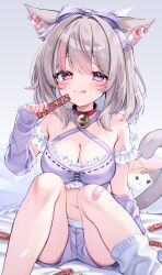 1girl absurdres animal_ears arm_warmers bare_shoulders bell bow breasts cat_ears cat_girl cat_tail choker cleavage closed_mouth commentary_request commission criss-cross_halter crop_top eneru_(enepuni) facial_mark frills grey_hair hair_bow halterneck hand_up highres jingle_bell knees_up looking_at_viewer medium_breasts medium_hair midriff multicolored_hair navel original pink_eyes purple_shorts red_choker short_shorts shorts sitting skeb_commission sleeveless smile solo streaked_hair tail tongue tongue_out