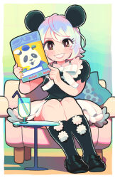 1girl animal_ears black_shoes black_socks blush brown_eyes chair commentary cup dress drinking_straw full_body gashi-gashi hands_up highres looking_at_viewer medium_hair multicolored_hair original panda panda_ears parted_lips shadow shoes short_sleeves sitting smile socks solo symbol-only_commentary white_hair