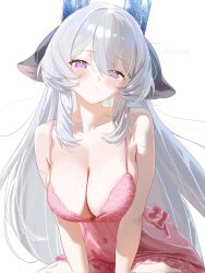 1girl animal_ears blush breasts character_request cleavage commentary commission copyright_request corrupted_twitter_file double-parted_bangs emirisu english_commentary eyes_visible_through_hair grey_hair hair_over_one_eye highres large_breasts long_hair looking_at_viewer mole mole_on_breast mole_under_mouth navel nightgown parted_lips pink_nightgown purple_eyes see-through_clothes simple_background sleepwear solo twitter_username very_long_hair white_background