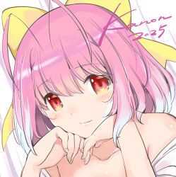 Rule 34 | 1girl, 2025, antenna hair, birthday, bow, hair bow, kami nomi zo shiru sekai, looking at viewer, nakagawa kanon, off shoulder, pink hair, red eyes, ribbon, short hair, solo, wakaki tamiki, yellow bow