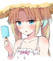 Rule 34 | 1girl, alternate costume, armpit crease, bare shoulders, blonde hair, blue eyes, blue hair, blush, collarbone, commentary request, curtained hair, dress, food, frilled dress, frills, gradient hair, hat, highres, holding, holding food, holding popsicle, hot, katanashi (ktnsh popu), link! like! love live!, looking at viewer, love live!, multicolored hair, osawa rurino, parted bangs, parted lips, popsicle, sleeveless, sleeveless dress, solo, spaghetti strap, straw hat, sundress, sweat, twintails, upper body, virtual youtuber, white dress