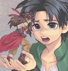 Rule 34 | 2boys, armlet, armor, black hair, boots, brown boots, brown gloves, brown hair, carrying, carrying person, clenched hand, collarbone, commentary request, dragon quest, dragon quest x, floating clothes, gloves, green vest, grey background, grey eyes, headband, hijirino yuuta, jewelry, lasca (dq10), long hair, looking at another, male focus, multiple boys, muscular, muscular male, open mouth, pants, profile, red armor, red headband, red sash, sash, shirt, short hair, silver armlet, size difference, spiked hair, vest, white shirt, wristband, yellow pants, zankurone