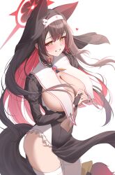 1girl absurdres alternate_costume animal_ear_fluff animal_ears black_bridal_gauntlets black_hair black_nails black_tail black_veil blue_archive blush bow breast_curtains breasts bridal_gauntlets colored_inner_hair commentary_request covered_navel extra_ears eyeshadow fingernails fox_ears fox_girl fox_tail gyu_chul halo heart highres huge_breasts juliet_sleeves korean_commentary long_hair long_sleeves looking_at_viewer makeup multicolored_hair nail_polish nun own_hands_together pelvic_curtain pink_hair puffy_sleeves red_eyeshadow red_halo simple_background smile solo tail tail_bow tail_ornament thighhighs thighs veil very_long_hair wakamo_(blue_archive) white_background white_thighhighs yellow_eyes