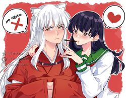 1boy 1girl arm_around_neck bead_necklace beads black_hair blush border brown_eyes closed_mouth couple crossed_arms food food_in_mouth green_sailor_collar heart hetero higurashi_kagome instagram_username inuyasha inuyasha_(character) japanese_clothes jewelry long_hair long_sleeves neckerchief necklace pocky pocky_in_mouth red_background red_neckerchief sailor_collar school_uniform shirt sidelocks spoken_heart spoken_x sweatdrop tiroma tooth_necklace twitter_username upper_body white_border white_hair white_shirt yellow_eyes