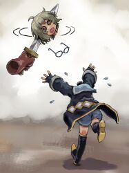 1girl @_@ ahoge blue_shorts boots disembodied_head disembodied_hand dizzy unworn_eyewear female_focus fingerless_gloves flying_sweatdrops glasses gloves grey_hair highres holding holding_sword holding_weapon jacket messy_hair open_mouth original running shorts solo sword vanillaklein weapon