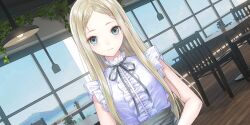 Rule 34 | 1girl, black ribbon, blonde hair, blue reflection (series), blue reflection sun, blue sky, cafe, center frills, chair, day, dutch angle, frills, game cg, green eyes, hanging plant, highres, indoors, ivy, kishida mel, long hair, looking at viewer, morisaki alesia yu, neck ribbon, non-web source, parted bangs, plant, potted plant, ribbon, shirt, sky, sleeveless, sleeveless shirt, solo, table, upper body, wavy mouth, white shirt, wooden floor