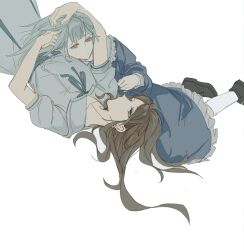 2017 2girls bang_dream! bang_dream!_it&#039;s_mygo!!!!! belt blue_belt blue_dress blue_eyes blue_ribbon brown_hair chinese_commentary commentary_request couple dress e-fa-dorn green_hair hair_ornament hairclip highres long_hair long_sleeves lying multiple_girls nagasaki_soyo neck_ribbon on_back ribbon school_uniform short_sleeves sidelocks simple_background socks tsukinomori_school_uniform wakaba_mutsumi white_background white_dress white_socks yellow_eyes yuri