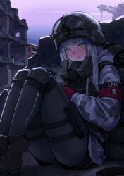 1girl absurdres ass black_pantyhose black_shorts blush boots camouflage cup girls&#039;_frontline gloves goggles goggles_on_headwear green_eyes hair_ornament helmet highres hk416_(fang)_(girls&#039;_frontline) hk416_(girls&#039;_frontline) holding holding_cup jacket knee_pads knees_up kuro_(zhurunbo1997) long_hair looking_at_viewer mask mask_around_neck official_alternate_costume open_mouth outdoors pantyhose pouch red_gloves respirator ruins shorts sitting sky snow_camouflage solo steam thigh_pouch tom_clancy&#039;s_the_division torn_clothes torn_pantyhose white_jacket