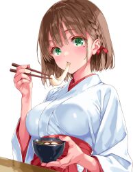 1girl bowl braid brown_hair chopsticks commentary_request eating food_request green_eyes hakama highres holding holding_bowl holding_chopsticks iwato_(celler) japanese_clothes looking_at_viewer miko mole mole_under_eye original red_hakama short_hair simple_background solo upper_body white_background