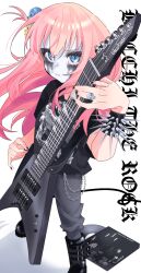 1girl black_boots black_metal black_nails black_shirt blue_eyes bocchi_the_rock! boots bracelet chain commentary_request corpse_paint electric_guitar facepaint foot_out_of_frame german_commentary goth_fashion gotoh_hitori grey_pants guitar guitar_hero hair_ornament heavy_metal highres holding holding_instrument holding_plectrum instrument irreligiositat jackson_guitars jewelry long_hair looking_at_viewer music one_side_up pants pink_hair playing_guitar playing_instrument plectrum record record_jacket ring shirt short_sleeves simple_background skull_hair_ornament skull_ring solo spectral_wound_(band) spiked_bracelet spikes standing t-shirt very_long_hair white_background