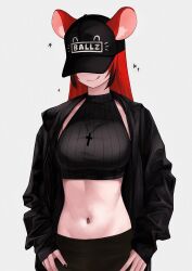 1girl alternate_costume animal_ears baseball_cap black_hair black_hat black_jacket black_nails black_sweater breasts commentary covered_eyes cross cross_necklace english_commentary grey_background hakos_baelz hands_on_own_hips hat hat_over_eyes highres hololive hololive_english jacket jewelry large_breasts mouse_ears mouse_girl multicolored_hair nail_polish navel necklace red_hair simple_background sleeveless sleeveless_sweater sleeveless_turtleneck sleeveless_turtleneck_sweater smile solo streaked_hair sweater tongue tongue_out turtleneck turtleneck_sweater unmeidesu virtual_youtuber