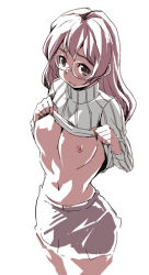 1girl breasts clothes_lift cowboy_shot female_focus glasses kubocha long_hair navel nipples original overexposure ribbed_sweater simple_background solo sweater sweater_lift undressing white_background