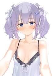 1girl alternate_costume amairo_islenauts armpit_crease backlighting bare_shoulders blue_eyes blue_hair blunt_bangs blush bow breasts breasts_apart butterfly_hair_ornament camisole closed_mouth collarbone commentary frown hair_between_eyes hair_bow hair_ornament hair_ribbon highres looking_at_viewer medium_hair nipple_slip nipples ribbon shiraga_airi sidelocks simple_background small_breasts solo split_mouth tft_(tft7822) tsurime twintails upper_body white_background white_bow white_camisole white_ribbon