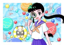 Rule 34 | 1girl, anteater, black eyes, black hair, border, eyelashes, fujishima moyu, koi, long hair, neckerchief, open mouth, orange neckerchief, original, pleated skirt, poi (goldfish scoop), purple skirt, ripples, sailor collar, school uniform, serafuku, signature, skirt, twintails, water yoyo, white border