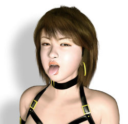 1girl 3d collar earrings female_focus jewelry leather metadoll short_hair solo tongue white_background