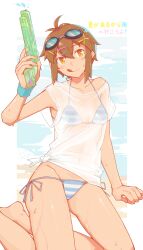 1girl :q absurdres bikini blue_bikini blush breasts brown_eyes brown_hair closed_mouth commentary_request fukana_miyu_(kokuya28) full_body goggles goggles_on_head hair_ornament highres holding holding_water_gun kokuya_(kokuya28) looking_at_viewer lowleg lowleg_bikini original shirt short_hair side-tie_bikini_bottom sitting small_breasts smile solo swimsuit tied_shirt tomboy tongue tongue_out translation_request water water_gun wet wet_clothes wet_shirt white_bikini white_shirt x_hair_ornament