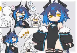 Rule 34 | 1other, 2girls, ?, ahoge, animal ears, bags under eyes, bare shoulders, black dress, black jacket, black shirt, black thighhighs, blue hair, blue jacket, cheek pinching, cleavage cutout, closed mouth, clothing cutout, commentary request, deformed, dorodra (kisaragi kaya), dress, dropping, fang, flying sweatdrops, hair between eyes, hair flaps, holding, holding phone, horns, jacket, kisaragi kaya, long hair, long sleeves, looking at another, looking at viewer, looking to the side, medium hair, monster, multiple girls, off shoulder, open mouth, original, pelvic curtain, phone, pinching, sanpaku, shirt, skin fang, skindentation, sleeveless, sleeveless dress, sleeves past wrists, slime (substance), snake, speech bubble, spoken question mark, sweater, thigh strap, thighhighs, two-sided fabric, two-sided jacket, white hair, white sweater, wide-eyed, yellow eyes, zel-va-zaal (kisaragi kaya)