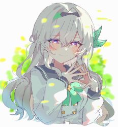 black_hair blue_eyes blue_pupils blue_sailor_collar blush bow bowtie buttons closed_mouth double-breasted firefly_(honkai:_star_rail) firefly_(spring_missive)_(honkai:_star_rail) gradient_hair green_bow green_bowtie grey_hair hair_between_eyes hair_intakes hair_ornament highres honkai:_star_rail honkai_(series) j96s5k multicolored_eyes multicolored_hair sailor_collar simple_background smile steepled_fingers upper_body white_background