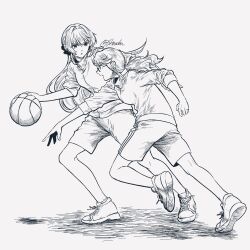 2girls artist_name ball basketball basketball_(object) commentary_request floating_hair from_side full_body glasses grey_background greyscale gym_shirt gym_uniform hair_between_eyes hair_intakes hair_ribbon hand_up heel_up highres holding holding_ball hoshimi_junna jacket leaning_forward legs_apart long_hair long_sleeves looking_at_another looking_at_object looking_to_the_side low_side_ponytail monochrome multiple_girls open_mouth parted_lips playing_sports profile ribbon shirt shoe_soles shoes shoujo_kageki_revue_starlight shoujo_kageki_revue_starlight_-re_live- shozoku side_ponytail signature simple_background sleeves_pushed_up sneakers standing standing_on_one_leg three-quarter_sleeves track_jacket v-shaped_eyebrows yukishiro_akira