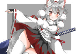 absurdres animal_ear_fluff animal_ears arm_up black_bridal_gauntlets black_skirt blue_panties blush border breasts bridal_gauntlets commentary cowboy_shot crossed_bangs detached_sleeves dutch_angle floating_clothes grey_background grey_hair hair_between_eyes hat highres inubashiri_momiji large_breasts long_sleeves looking_at_viewer panties pantyshot pom_pom_(clothes) red_eyes red_hat red_ribbon red_trim regua ribbon ribbon-trimmed_sleeves ribbon_trim shirt short_hair simple_background skirt smile split_mouth striped_clothes striped_panties sword tail thick_thighs thighhighs thighs tokin_hat touhou underwear weapon white_border white_panties white_shirt white_thighhighs wide_sleeves wolf_ears wolf_girl wolf_tail zettai_ryouiki