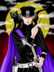 1boy absurdres black_cat black_hair cat cloak commentary_request devil_summoner:_raidou_kuzunoha_vs_the_soulless_army devil_summoner_(series) expressionless full_moon furuya_usamaru gouto grey_eyes gun hat highres katana kuzunoha_raidou looking_at_viewer male_focus moon official_art shako_cap solo straight-on sword weapon