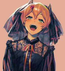 1girl alternate_costume blush fangs freyja_wion goth_fashion hair_between_eyes hair_ornament head_tilt heart heart_hair_ornament highres horns looking_at_viewer macross macross_delta mosako open_mouth orange_background ribbon solo upper_body yellow_ribbon