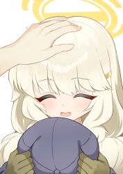 1girl 1other absurdres aoba_(blue_archive) blue_archive blue_hat cabbie_hat closed_eyes dot_nose gloves grey_gloves grey_hair hair_ornament hairclip halo hand_on_another&#039;s_head hat headpat highres holding holding_unworn_clothes holding_unworn_hat low_twintails open_mouth simple_background smile solo_focus twintails unworn_hat unworn_headwear upper_body wet_09994 white_background yellow_halo