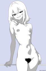 1girl artist_name breasts collarbone commentary completely_nude cowboy_shot english_commentary female_pubic_hair grin hair_between_eyes head_tilt leaning looking_at_viewer medium_hair mismatched_pubic_hair monochrome navel nipples nude original pixel_art pubic_hair simple_background small_breasts smile solo soulfull_sequoia twitter_username