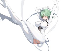 1girl absurdres admiral_nakhimov_(azur_lane) animal_ears arms_up ass azur_lane blush bodysuit breasts closed_mouth crossed_legs crotchless crotchless_bodysuit fake_animal_ears green_hair hair_between_eyes high_heels highres iak impossible_bodysuit impossible_clothes large_breasts looking_at_viewer mechanical_ears medium_hair orange_eyes simple_background solo white_background white_bodysuit