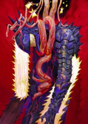 Rule 34 | 1boy, absurdres, chainsaw, chainsaw devil, chainsaw man, head down, hieumay, highres, intestines, mechanical head, monster, monster boy, no eyes, organs, red background, scarf, sharp teeth, simple background, solo, spikes, teeth, veins