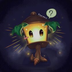 Rule 34 | ?, blush stickers, chinese commentary, commentary request, leaf, light particles, looking at viewer, no humans, no mouth, plant, plant focus, plant roots, plantern (plants vs zombies), plants vs. zombies, purple background, simple background, single blush sticker, solid oval eyes, solo, spoken question mark, veghia, vignetting, yellow eyes