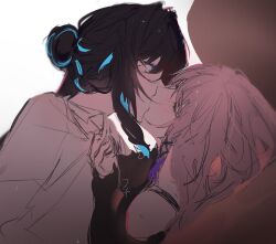 1nuyaki 2girls black_hair blue_eyes blue_hair blush closed_eyes coat commentary english_commentary french_kiss grey_hair herta_(honkai:_star_rail) highres honkai:_star_rail honkai_(series) kiss lab_coat multicolored_hair multiple_girls ruan_mei_(honkai:_star_rail) simple_background streaked_hair white_background white_coat yuri