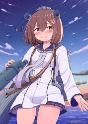 1girl binoculars blue_sailor_collar blue_sky blush brown_eyes brown_hair cloud commentary_request cowboy_shot dress dusk flower gradient_sky grey_neckerchief hair_flower hair_ornament headgear highres holding holding_binoculars kantai_collection long_sleeves machinery neckerchief nose_blush sailor_collar sailor_dress short_hair sky smile solo speaking_tube_headset tsukimoto_reiji white_dress yukikaze_(kancolle) yukikaze_kai_ni_(kancolle)