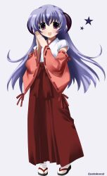 1girl 2000s_(style) absurdres blue_hair commentary commission demon_horns detached_sleeves english_commentary full_body hakama hakama_skirt hanyuu highres higurashi_no_naku_koro_ni horns japanese_clothes kimono long_hair long_skirt looking_at_viewer open_mouth own_hands_together purple_eyes red_skirt red_sleeves ribbon-trimmed_sleeves ribbon_trim sandals satokocel simple_background skirt smile socks solo star_(symbol) tabi tachi-e twitter_username white_background white_kimono white_socks zouri