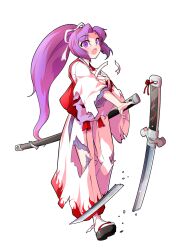 1girl alphes_(style) blush commentary_request dairi defeat full_body hair_ribbon haori high_ponytail highres japanese_clothes katana large_variant_set long_hair long_sleeves meira_(touhou) pants parody ponytail purple_hair red_vest ribbon socks solo style_parody sword tabi tachi-e torn_clothes touhou touhou_(pc-98) transparent_background variant_set vest weapon white_pants white_ribbon white_socks wide_sleeves