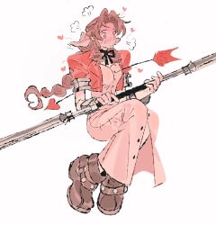 1girl aerith_gainsborough arrow_through_heart bangle black_choker blush boots bracelet braid braided_ponytail breasts brown_boots brown_hair buttons center_opening choker cropped_jacket dress final_fantasy final_fantasy_vii floating full_body hair_ribbon heart heart-shaped_pupils highres holding holding_staff jacket jaysoysaucee jewelry long_dress long_hair medium_breasts parted_bangs parted_lips pink_dress pink_ribbon puffy_short_sleeves puffy_sleeves red_jacket ribbon ribbon_choker short_sleeves sidelocks single_braid solo staff symbol-shaped_pupils white_background