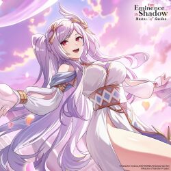 1girl alexia_midgar artist_request breasts cloud collar copyright_notice detached_collar dress grey_hair hair_ornament kage_no_jitsuryokusha_ni_naritakute! kage_no_jitsuryokusha_ni_naritakute!_master_of_garden large_breasts long_hair official_art open_mouth pink_eyes sky teeth upper_teeth_only white_collar white_dress wing_hair_ornament