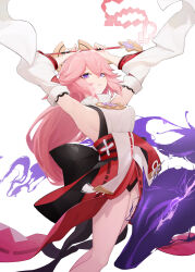 1girl absurdres animal_ears armpits arms_up bare_legs breasts detached_sleeves feet_out_of_frame fox_ears fox_girl genshin_impact gohei hair_between_eyes hair_ornament highres holding holding_gohei japanese_clothes large_breasts long_hair long_sleeves looking_at_viewer nontraditional_miko open_mouth penken pink_hair sideboob simple_background smile solo white_background wide_sleeves yae_miko