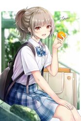 1girl :d backpack bag blue_bow blue_bowtie blue_skirt blurry blurry_background blush bow bowtie chibi collared_shirt feet_out_of_frame food fruit grey_hair hand_on_own_knee holding holding_food holding_fruit looking_at_viewer mandarin_orange open_mouth original outdoors plaid_bow plaid_clothes plaid_skirt pleated_skirt ponytail red_eyes school_uniform shirt short_hair short_sleeves signature sitting skirt smile solo tokeshi white_shirt