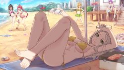 5girls :d ahoge arm_up artist_name ball bare_legs barefoot beach beach_house bikini bikini_skirt black_hair blonde_hair blue_eyes blue_sky breasts brown_eyes cellphone closed_mouth cloud cloudy_sky cooler day unworn_eyewear feet forehead glasses green_bikini green_eyes grey_hair highres holding holding_phone holding_removed_eyewear horizon large_breasts lying multiple_girls ocean on_back open_mouth original outdoors outstretched_arm phone pink_bikini pointing purple_bikini purple_hair ringlets seashell shade shell side-tie_bikini_bottom signature sitting sky smartphone smile solo_focus stairs standing swimsuit tareme thighs toes towel twintails umbrella volleyball volleyball_(object) wet.elephant yellow_bikini yellow_eyes