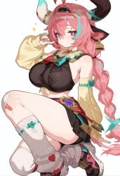 1girl absurdres akirai animal_ears antenna_hair aqua_streaks asymmetrical_legwear bandaid bandaid_on_cheek bandaid_on_face bandaid_on_horn bandaid_on_leg bell bell_earrings blue_eyes blush braid breasts bright_pupils brown_skirt cleavage collarbone cow_ears cow_girl cow_horns cow_tail cowbell crop_top crossed_bangs detached_sleeves earrings genshin_impact hair_between_eyes hair_intakes hairband hands_up highres horns jewelry large_breasts leg_warmers long_hair looking_at_viewer low_twin_braids lower_teeth_only microskirt midriff multicolored_hair navel on_ground open_mouth pink_hair pleated_skirt shoes sidelocks single_thighhigh sitting skirt sneakers solo streaked_hair sweat tail teeth thighhighs twin_braids varesa_(genshin_impact) very_long_hair white_background white_leg_warmers white_pupils white_shoes white_thighhighs yellow_sleeves