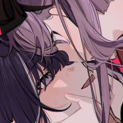 1boy 1girl blush bow close-up hair_bow hand_on_another&#039;s_face looking_at_another noa_1042 open_mouth purple_eyes purple_hair siblings smile the_hundred_line_-last_defense_academy- tsukumo_ima tsukumo_kako twins unfinished white_streaks